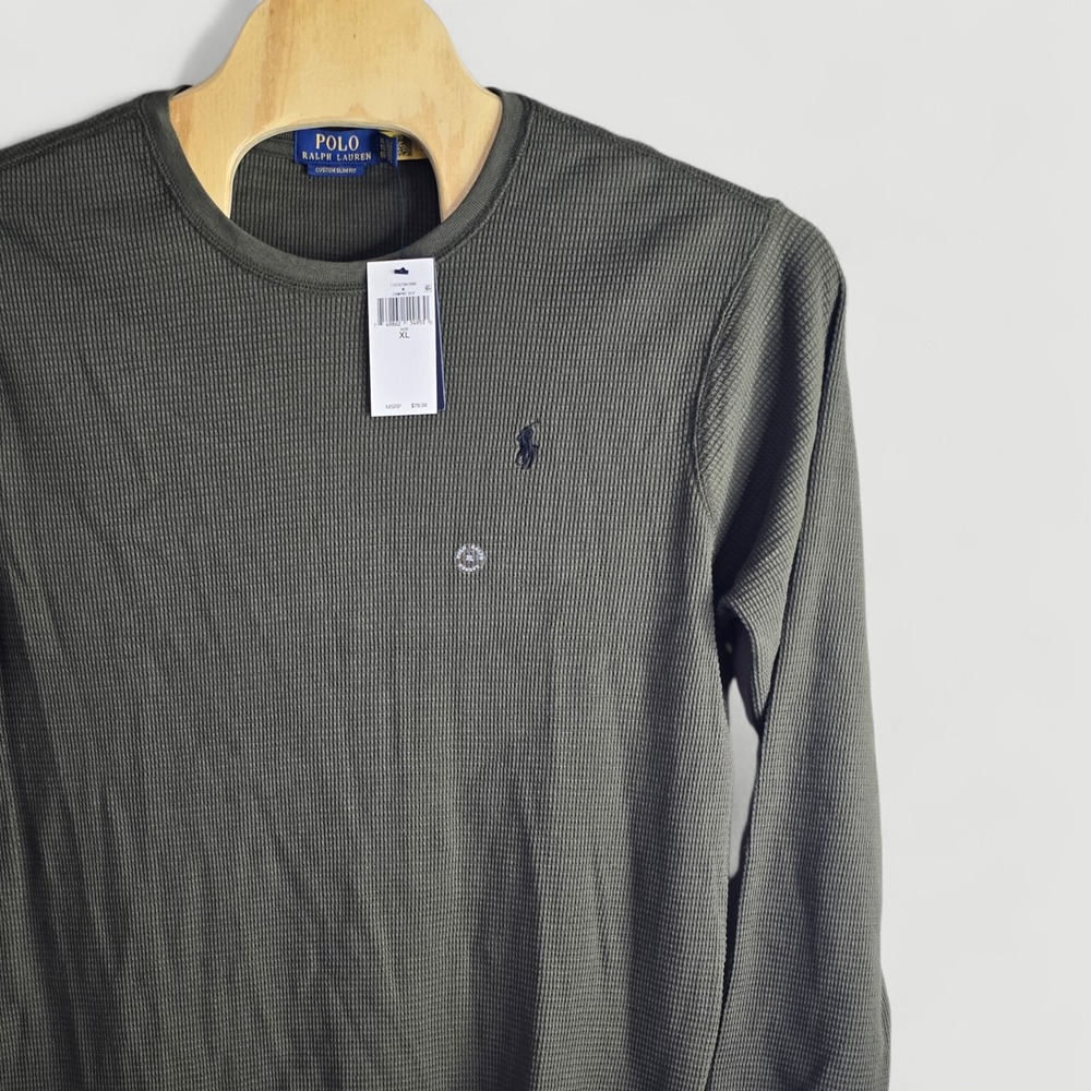 Polo Ralph Lauren Men Custom Slim Waffle Knit Long Sleeve Thermal Shirt Olive XL